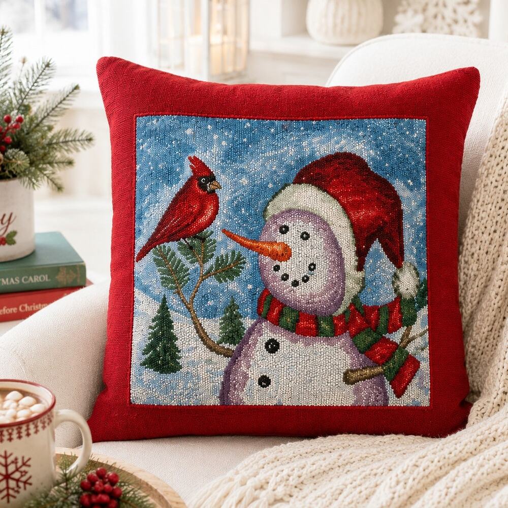 Snowman Cardinal Christmas Throw Pillow Red Gingham Reversible 15" Vintage